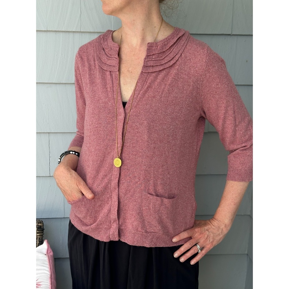 NWT J.Jill Rose Tweed Cardigan Ruffle Collar Wool Silk Blend Petite L